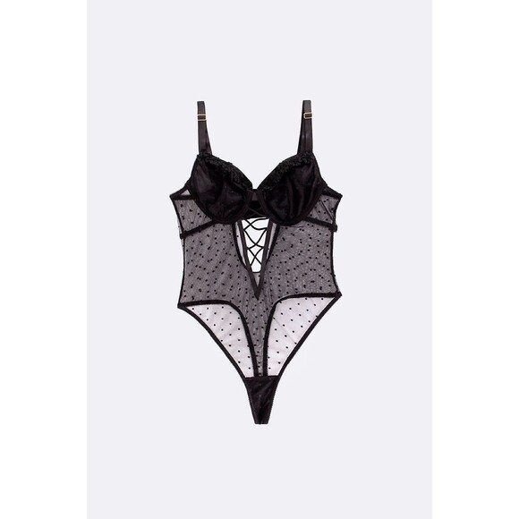 Black Mesh Lace Detail Polka Dot Thong Bodysuit - Picture 1 of 8
